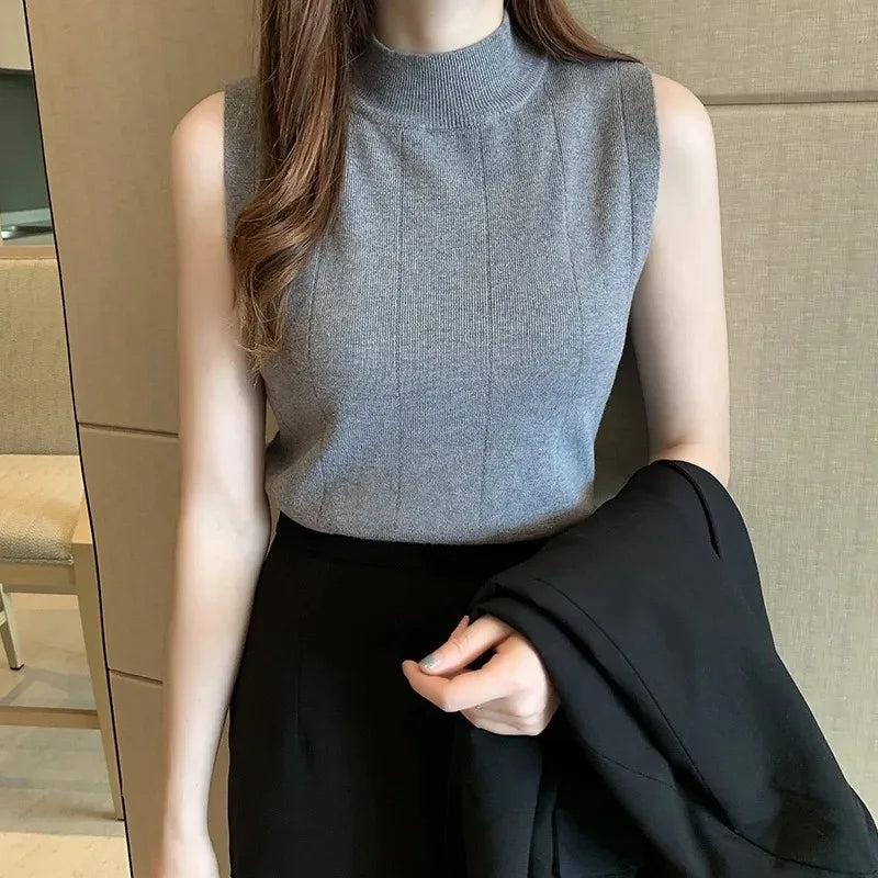 Korean Fashion Women Knit Sleeveless Blouse Solid Top