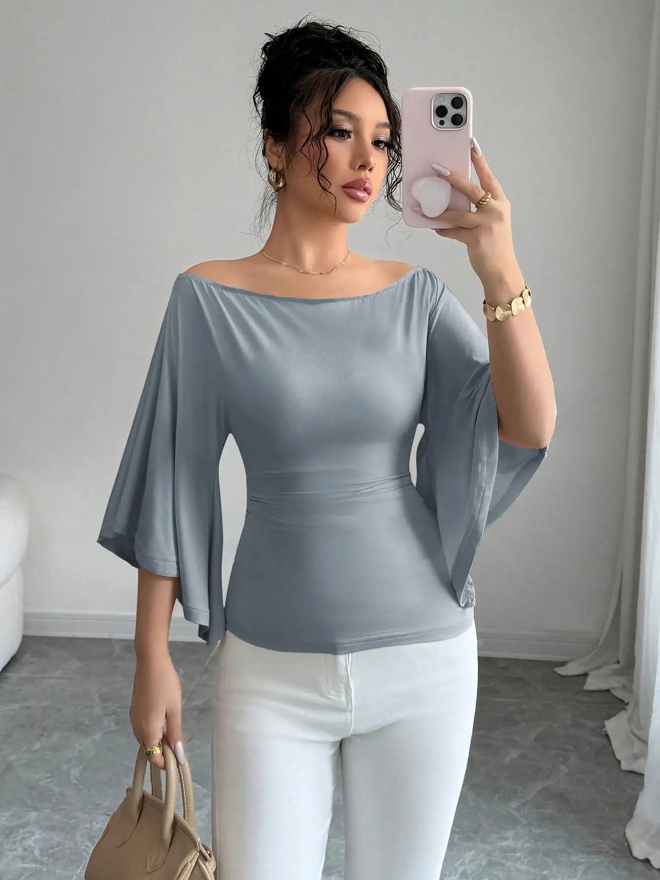 Women Solid Boat Neck Fitted Flare Sleeve Knit Top