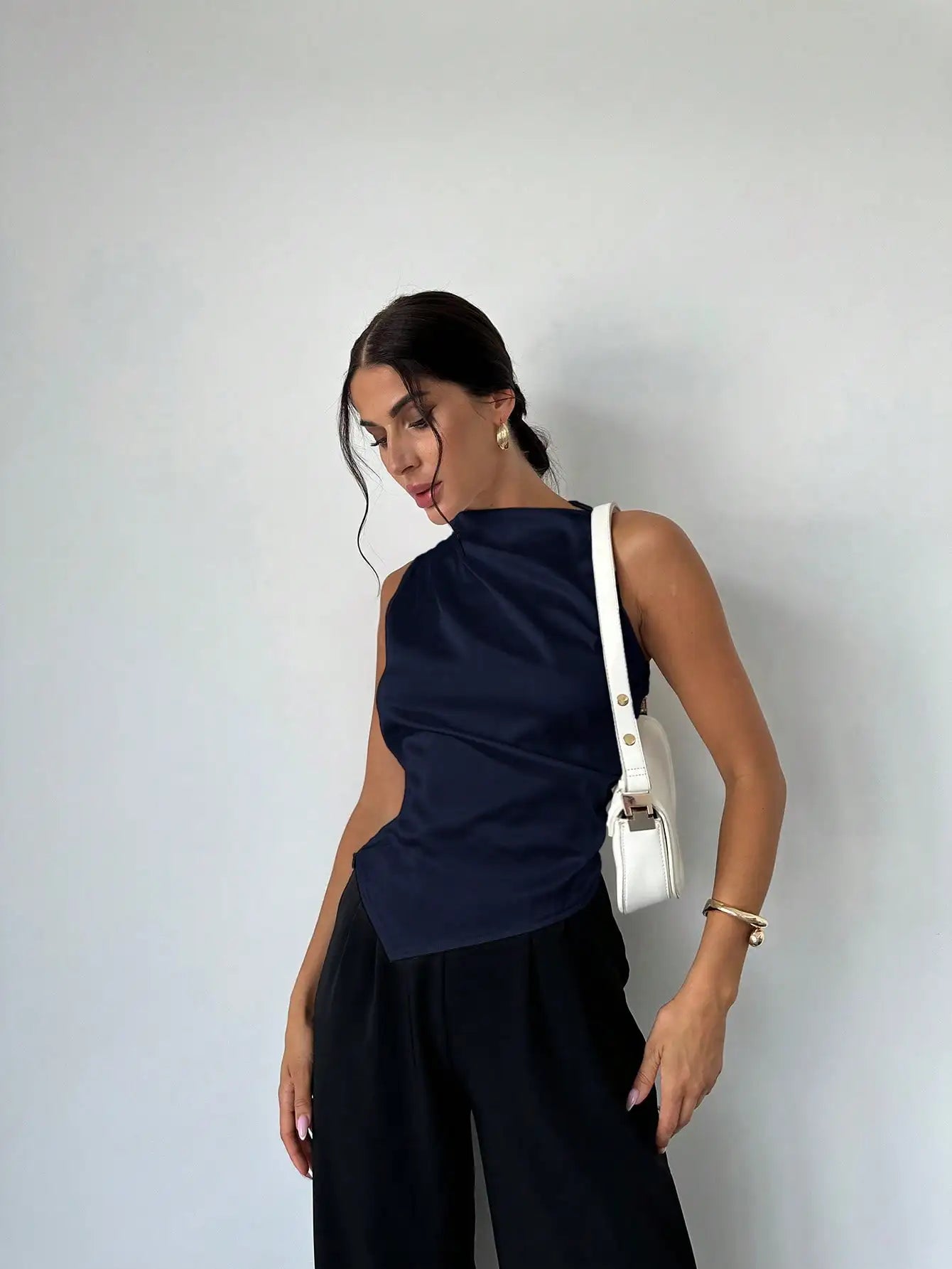 Elegant Satin Sleeveless Blouse With Pleated Collar Asymmetrical Hem