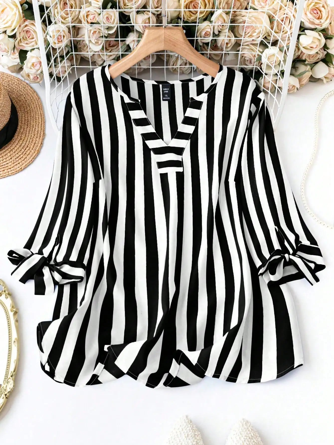 Women's Loose Striped Shirt With Notched V Neck Tie Front