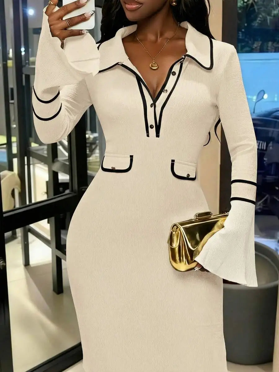 Textured Knit V-Neck Dress With Trim And Long Sleeve