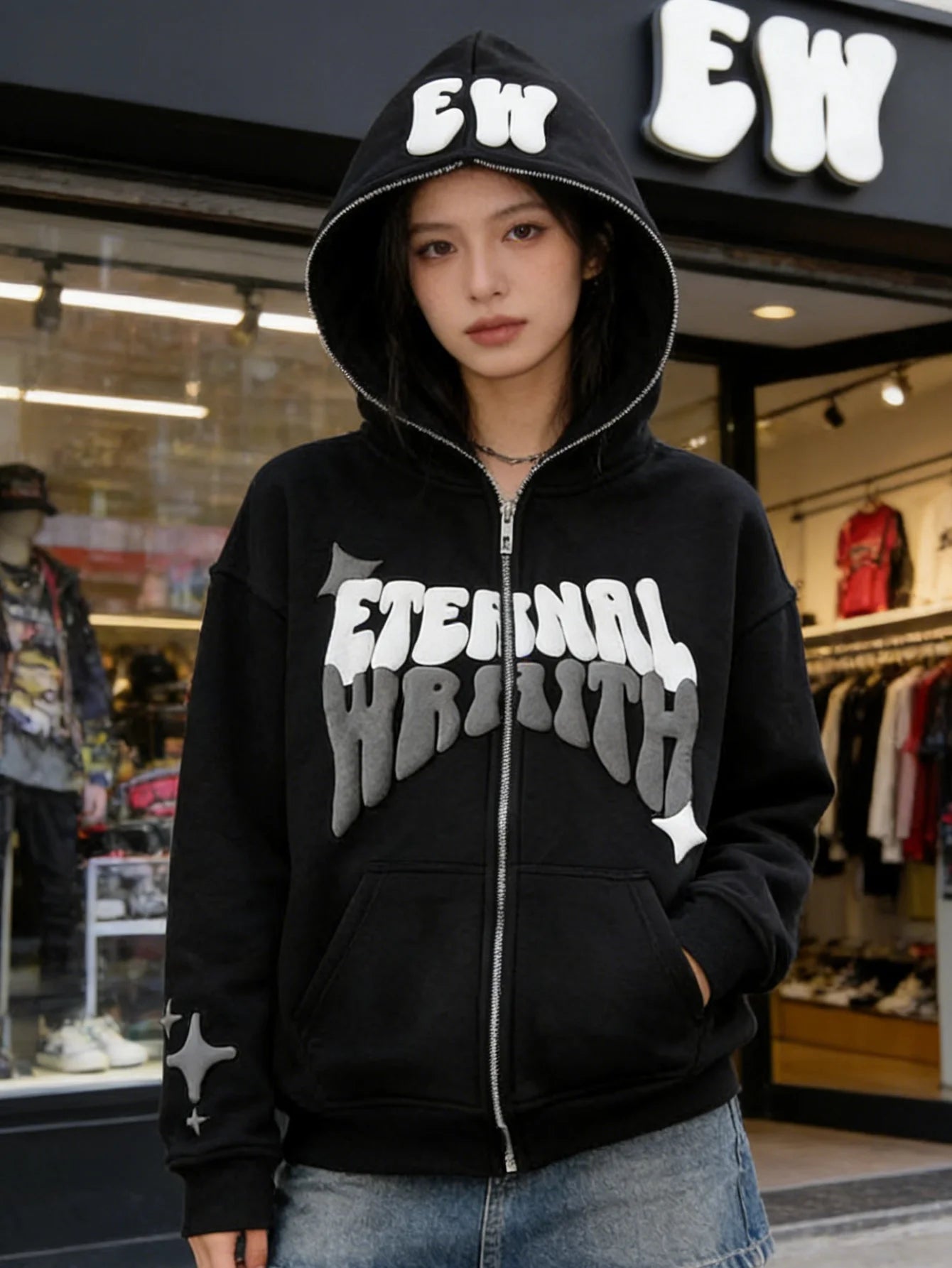 NONECN Unisex Oversized Autumn Hoodie Bubble Print Hip Hop