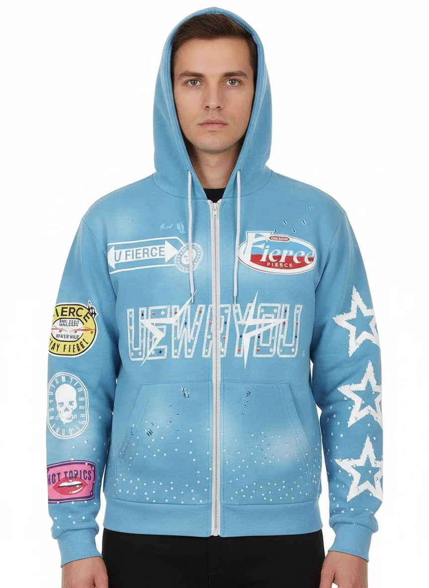 NONECN Full Printed Hooded Zipper Sweatshirt With Star Letters For Men