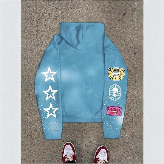 NONECN Full Printed Hooded Zipper Sweatshirt With Star Letters For Men