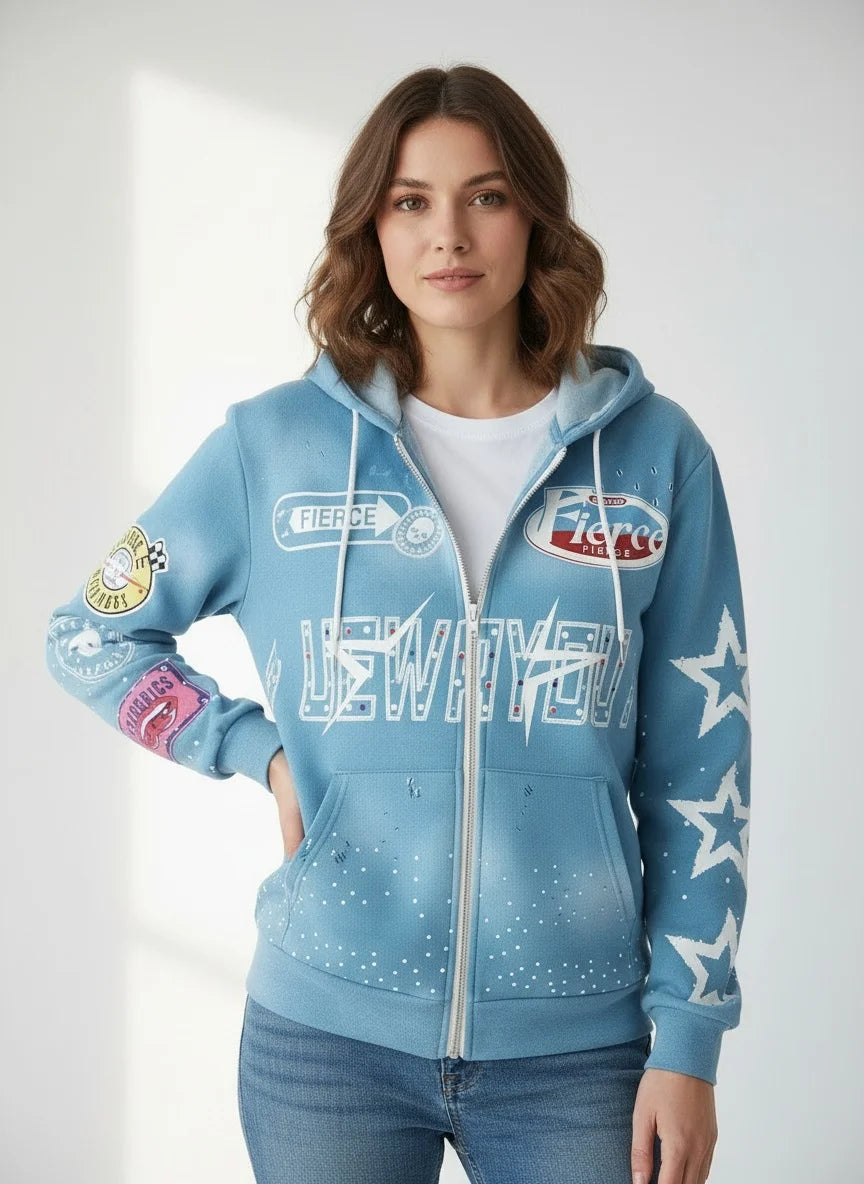 NONECN Full Printed Hooded Zipper Sweatshirt With Star Letters For Men
