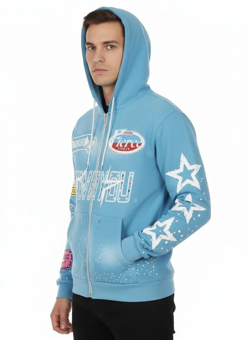 NONECN Full Printed Hooded Zipper Sweatshirt With Star Letters For Men