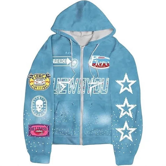 NONECN Full Printed Hooded Zipper Sweatshirt With Star Letters For Men