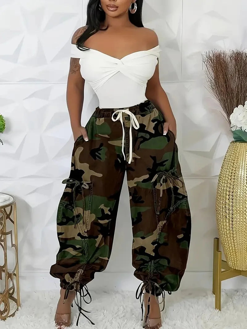 Women's Loose Fit Lace Up Drawstring Jeans High Waist Casual Pants