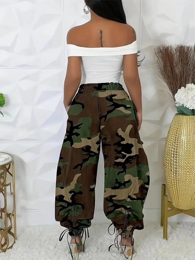 Women's Loose Fit Lace Up Drawstring Jeans High Waist Casual Pants