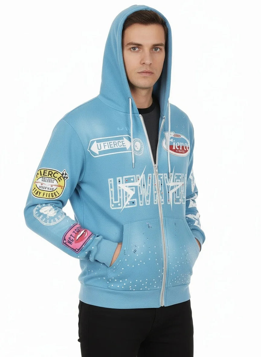 NONECN Full Printed Hooded Zipper Sweatshirt With Star Letters For Men