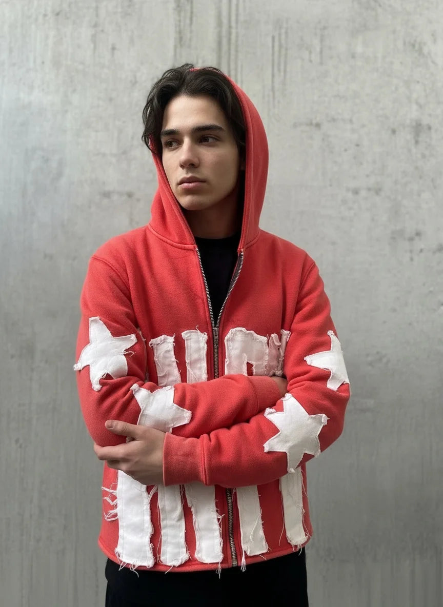 Autumn Winter Casual Patchwork Hoodie With Letter Star Pattern Men