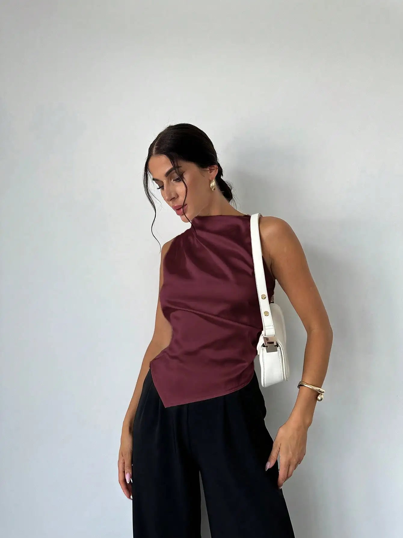 Elegant Satin Sleeveless Blouse With Pleated Collar Asymmetrical Hem