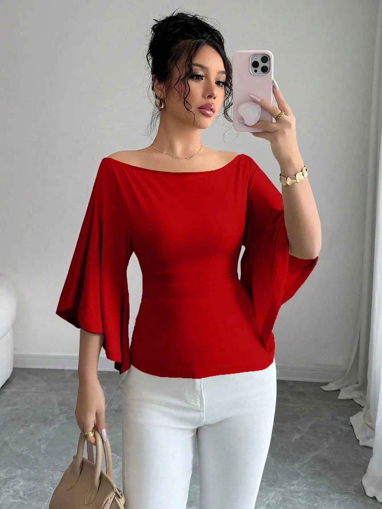 Women Solid Boat Neck Fitted Flare Sleeve Knit Top