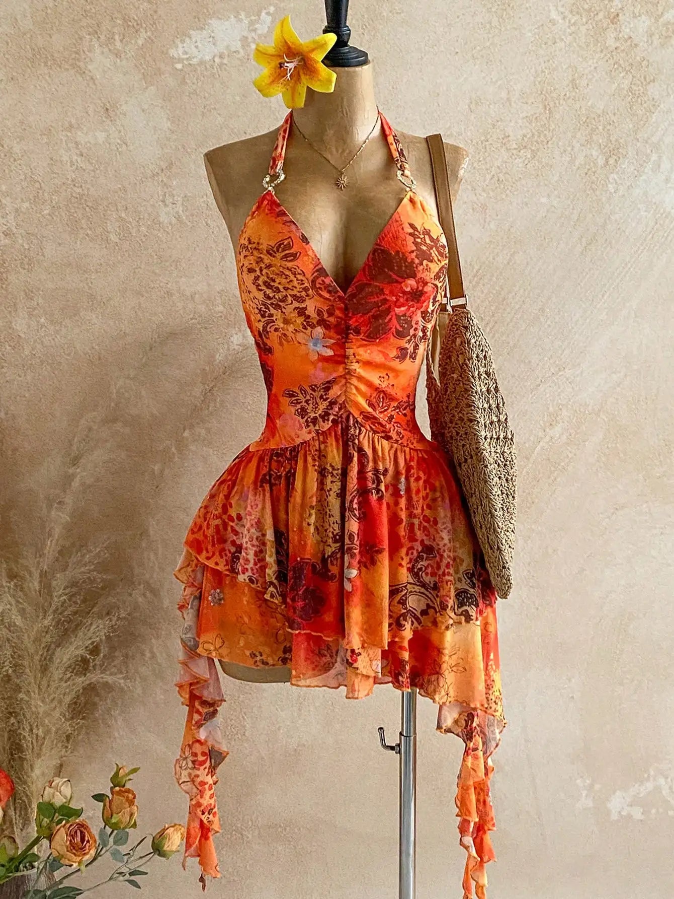 Romantic Halter Neck Ruffle Beach Cover Up Dress For Women