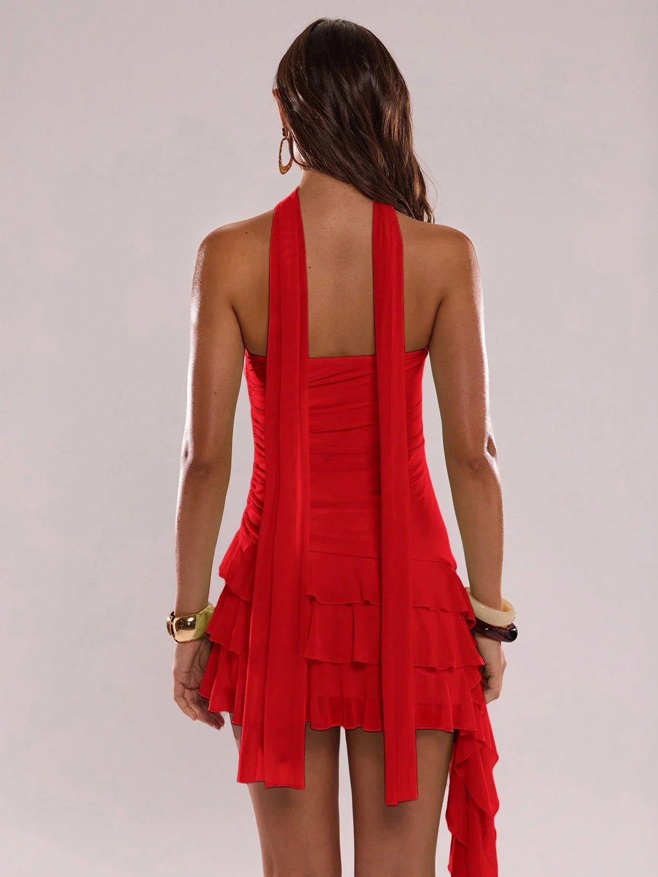 Strapless Mini Dress With Choker Neck Ruched Bodice Asymmetrical Tiered Ruffles