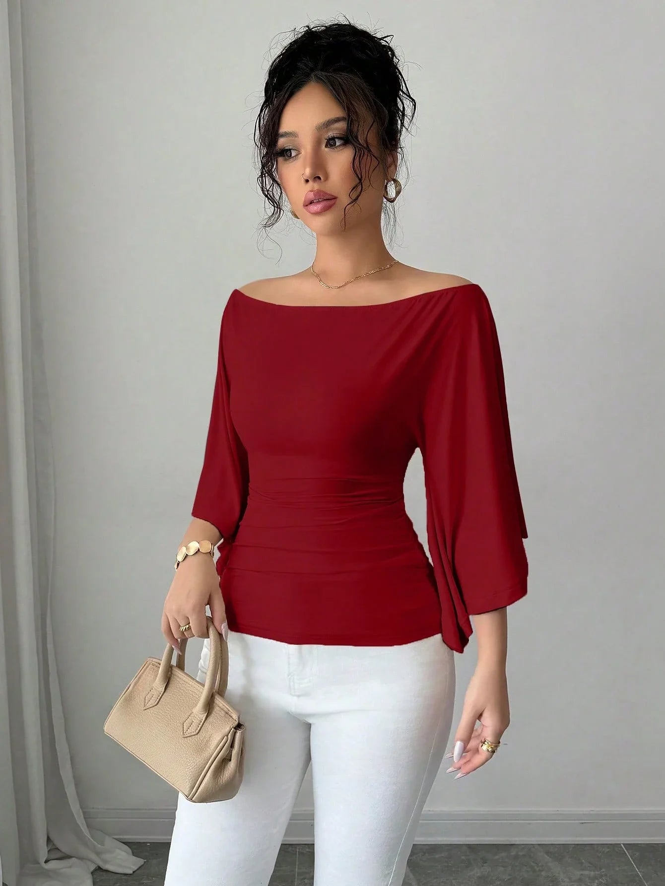 Women Solid Boat Neck Fitted Flare Sleeve Knit Top