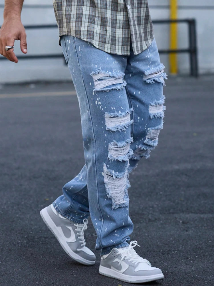 NONECN Men's Ink-Splattered Ripped Jeans, Street-Style Hip-Hop