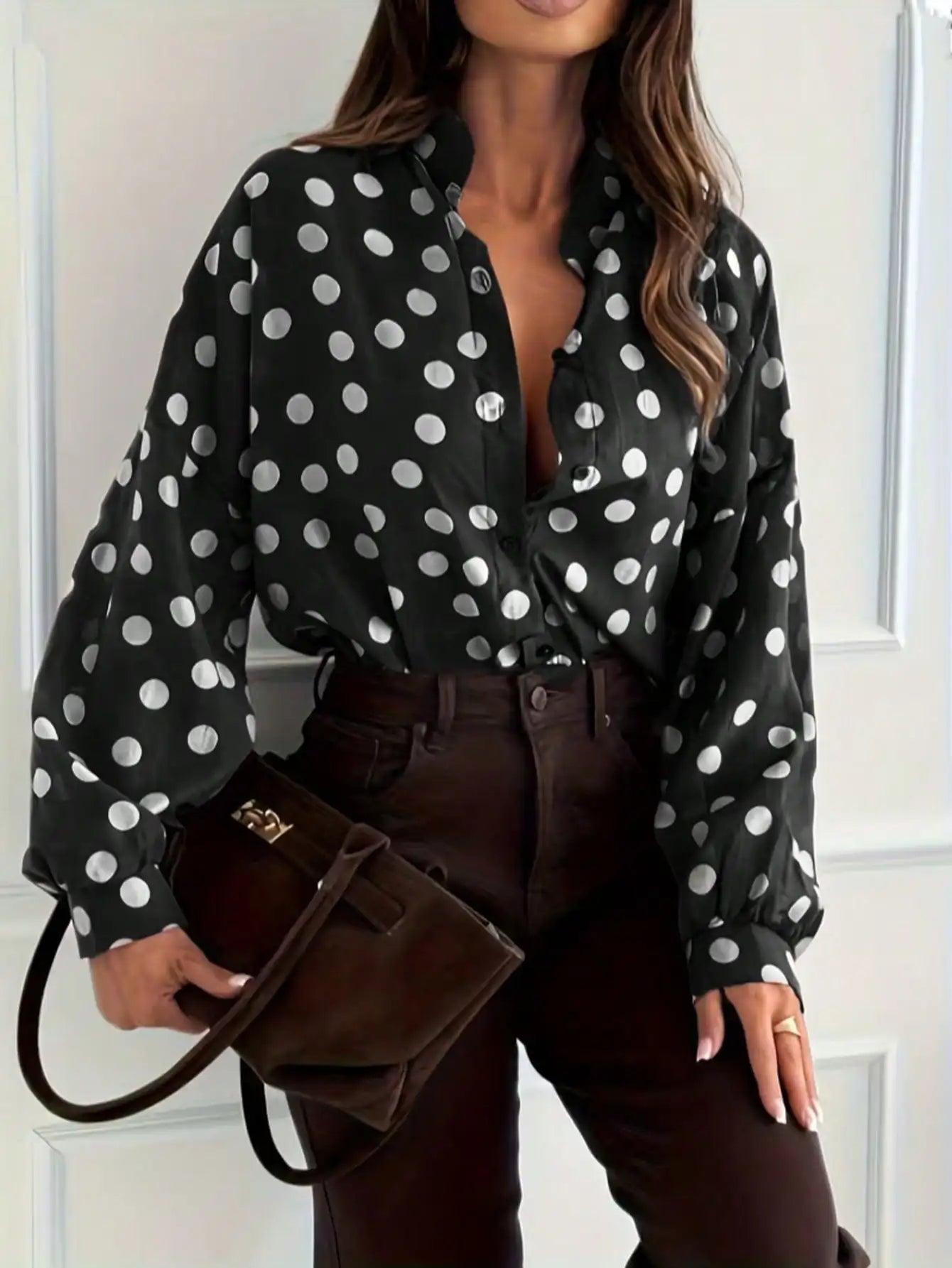 Polka Dot Blouse For Women Stand Collar Long Sleeve Shirt