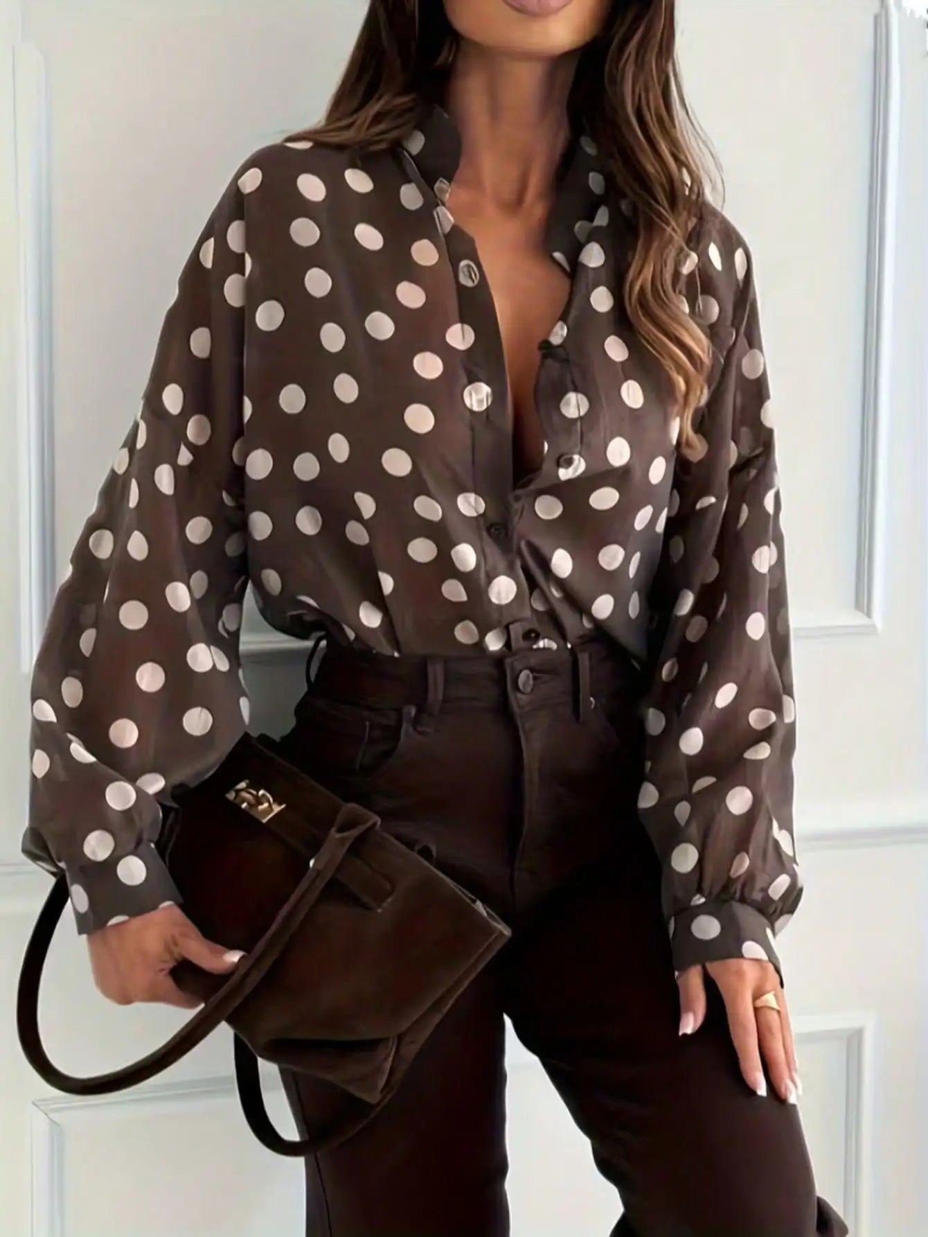 Polka Dot Blouse For Women Stand Collar Long Sleeve Shirt