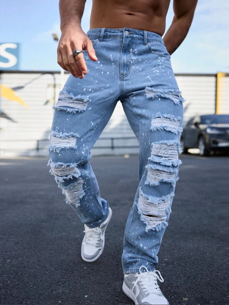 NONECN Men's Ink-Splattered Ripped Jeans, Street-Style Hip-Hop