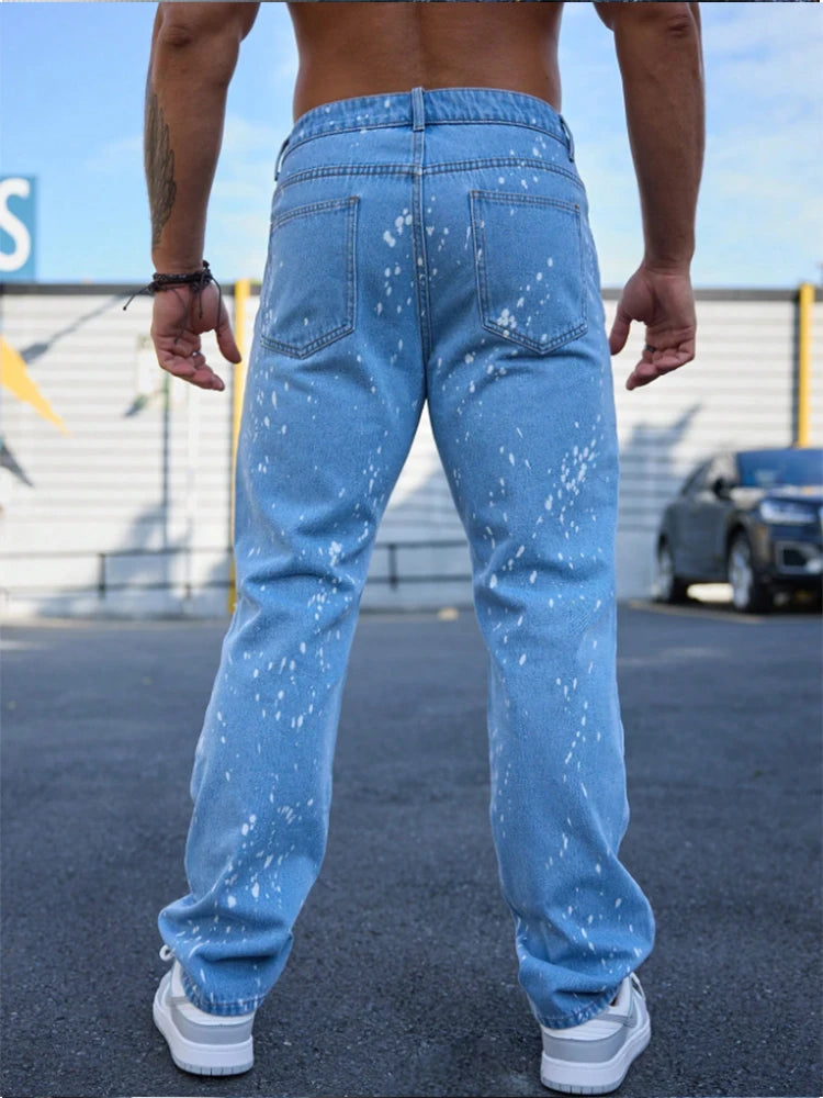 NONECN Men's Ink-Splattered Ripped Jeans, Street-Style Hip-Hop