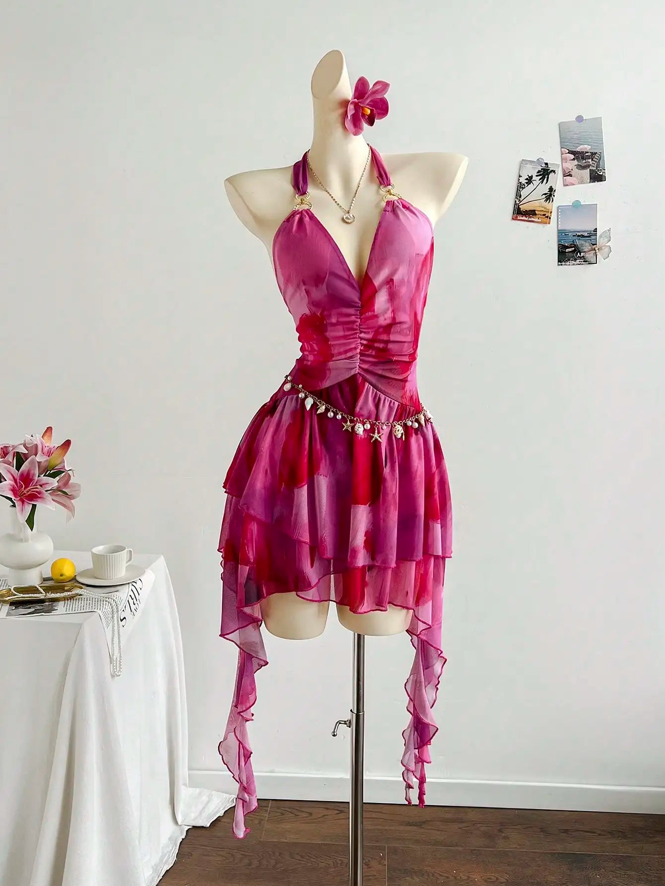 Romantic Halter Neck Ruffle Beach Cover Up Dress For Women