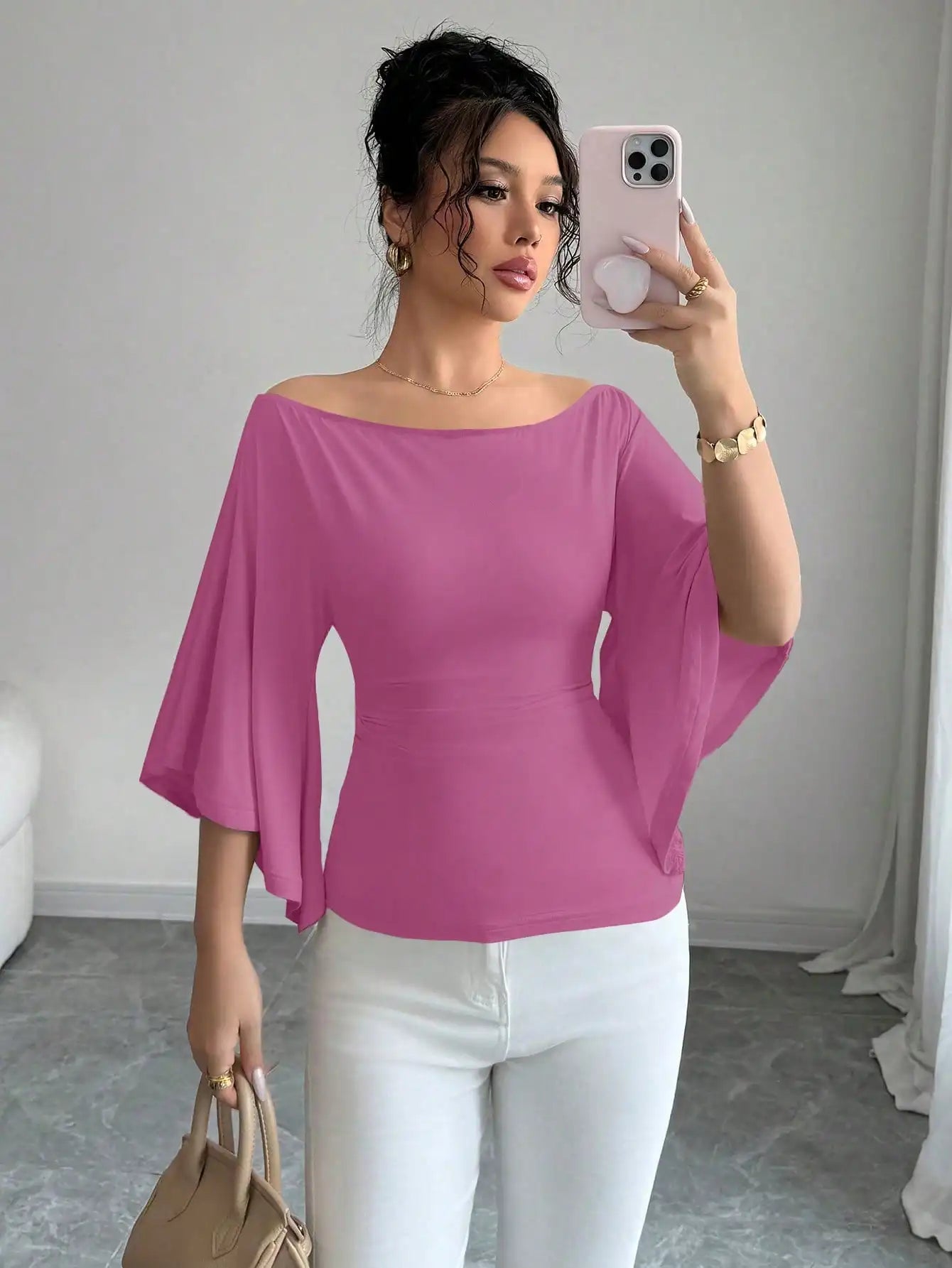 Women Solid Boat Neck Fitted Flare Sleeve Knit Top
