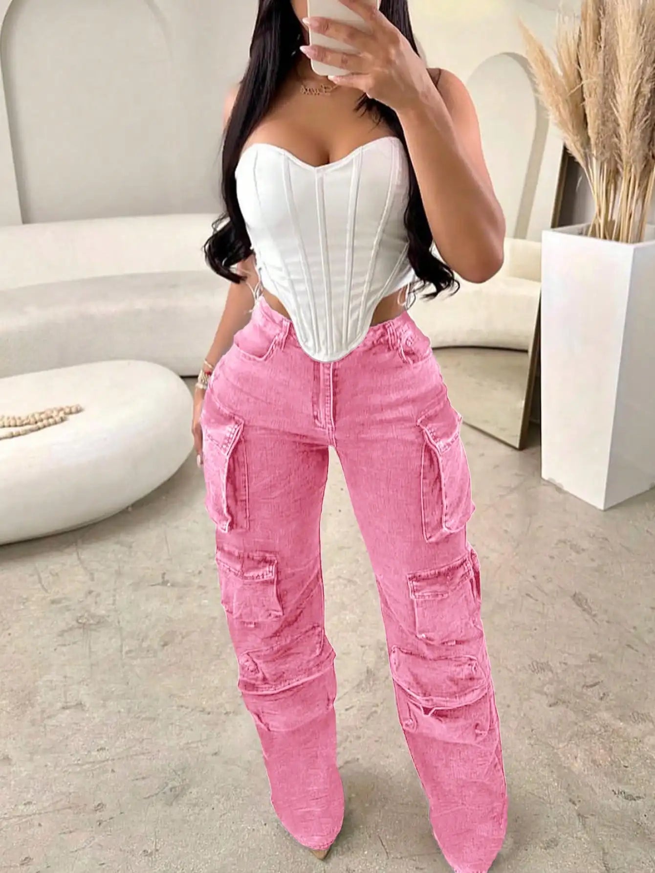 Women's Cargo Jeans, High-Rise Pear-Shaped Wide-Leg With Pockets