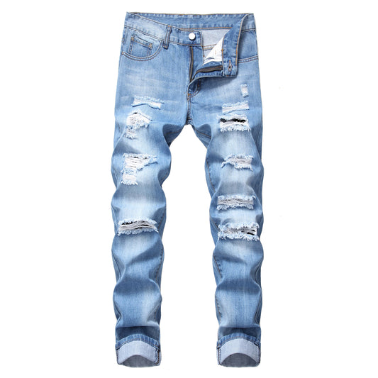 NONECN Men Light Blue Distressed Jeans 305L High Street Style