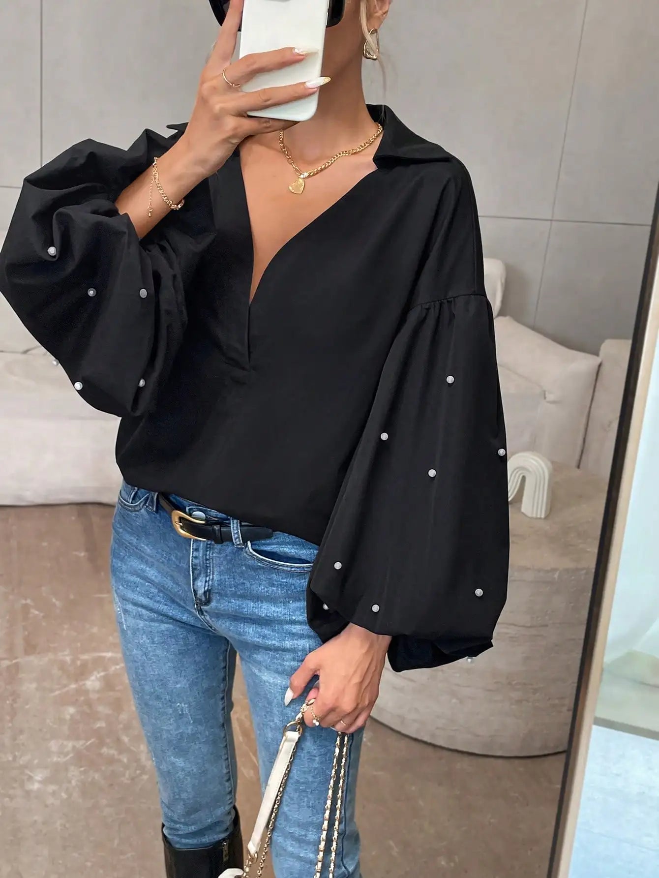 Women's V-Neck Lantern Sleeve Blouse For Office