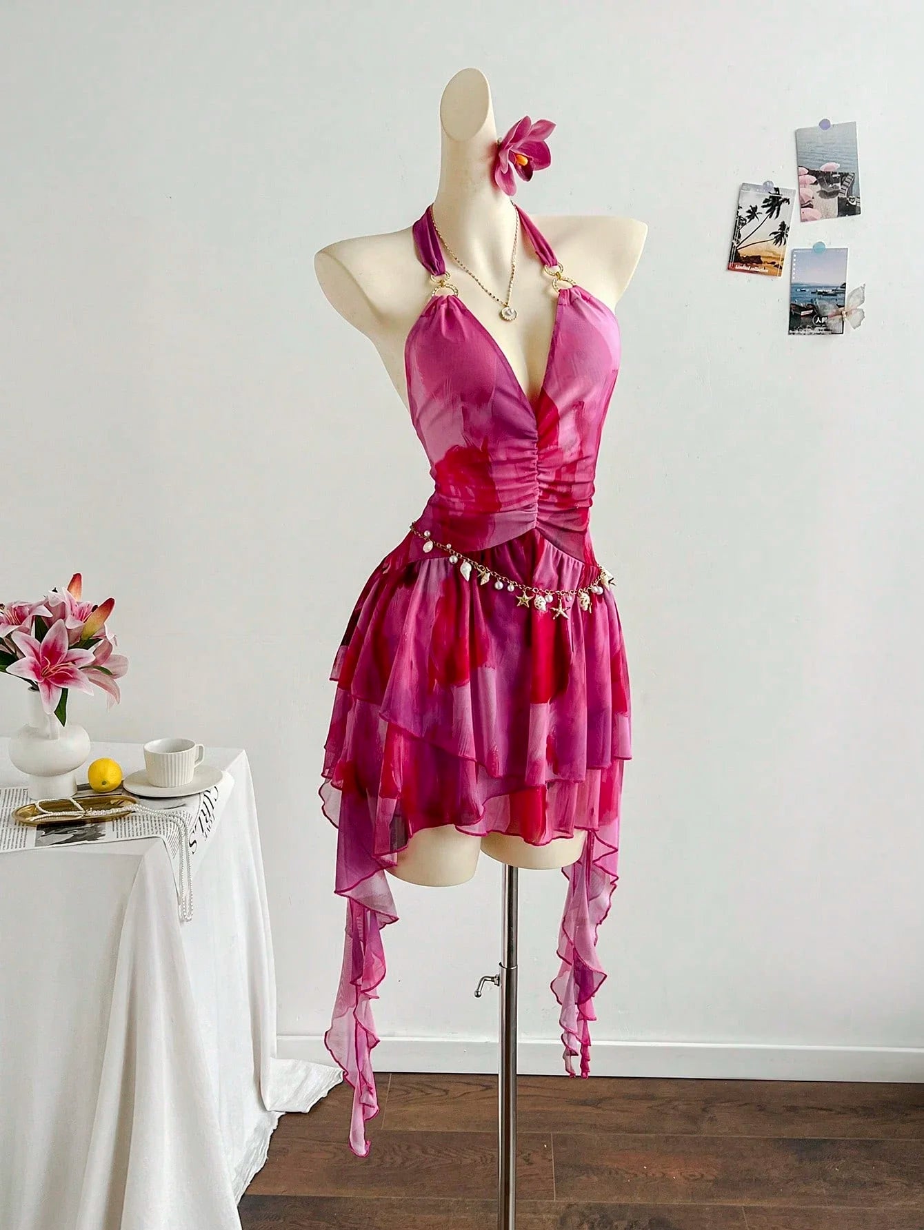 Romantic Halter Neck Ruffle Beach Cover Up Dress For Women