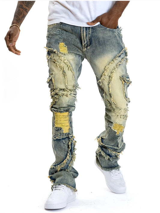 European and American Men's Ripped Stretch Jeans With Fringe