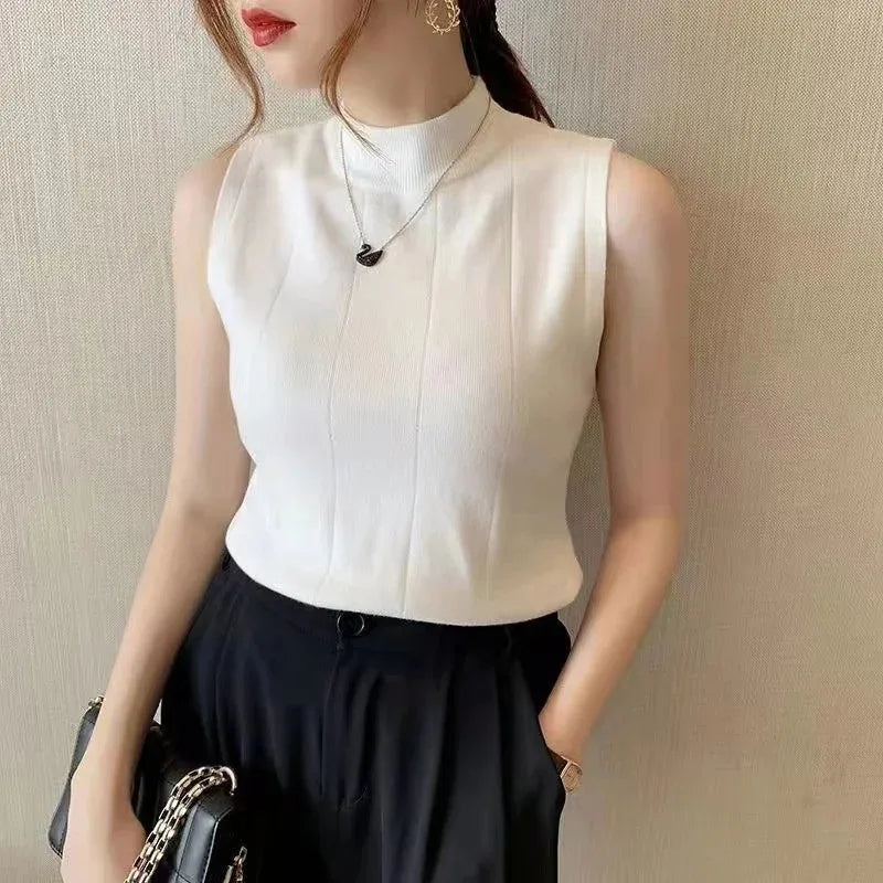 Korean Fashion Women Knit Sleeveless Blouse Solid Top