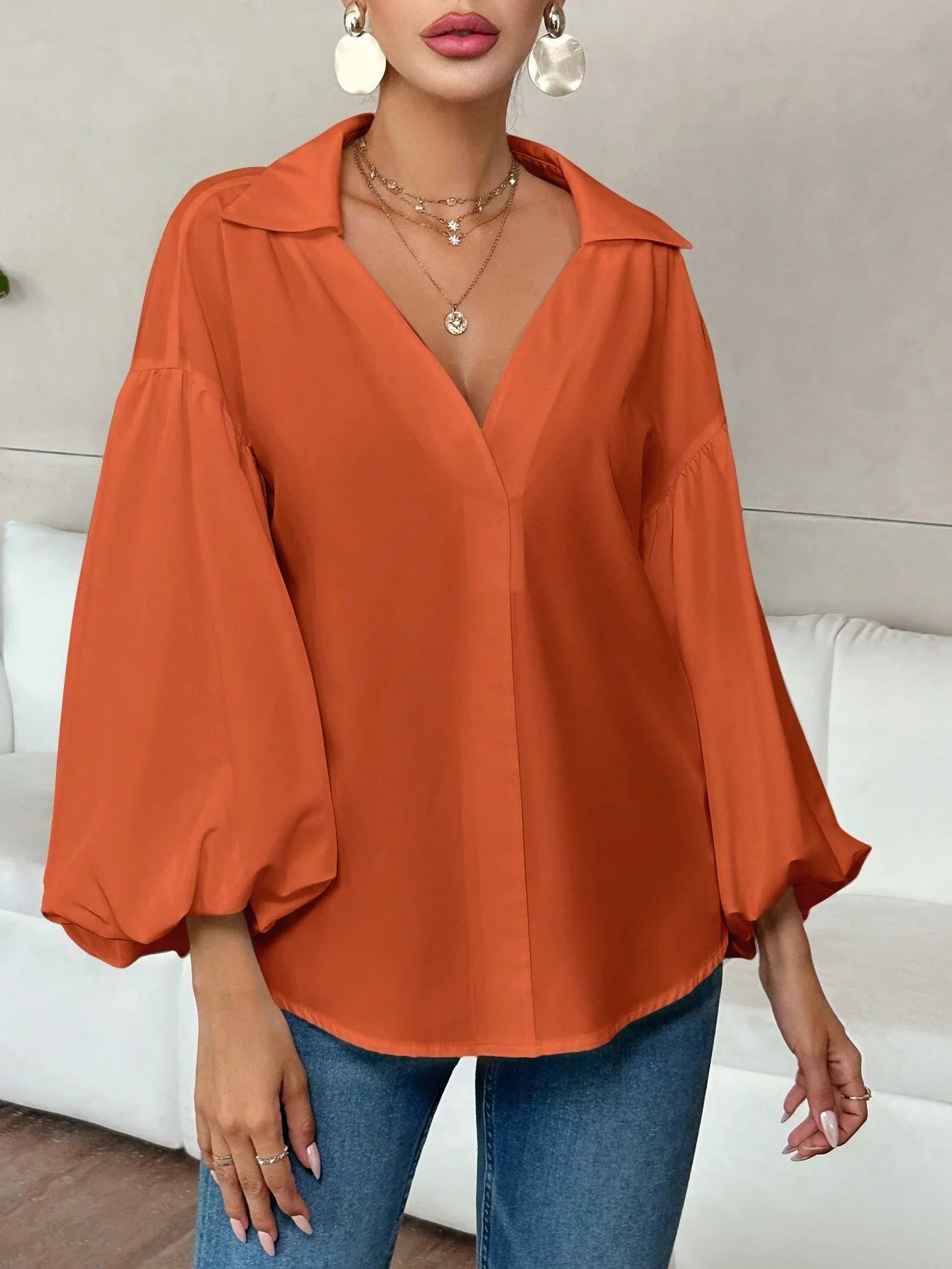 Women's V-Neck Lantern Sleeve Blouse For Office