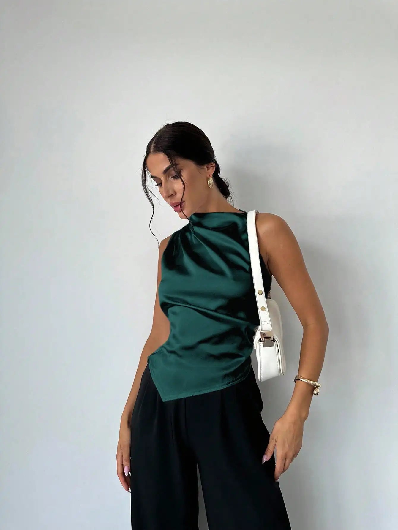 Elegant Satin Sleeveless Blouse With Pleated Collar Asymmetrical Hem