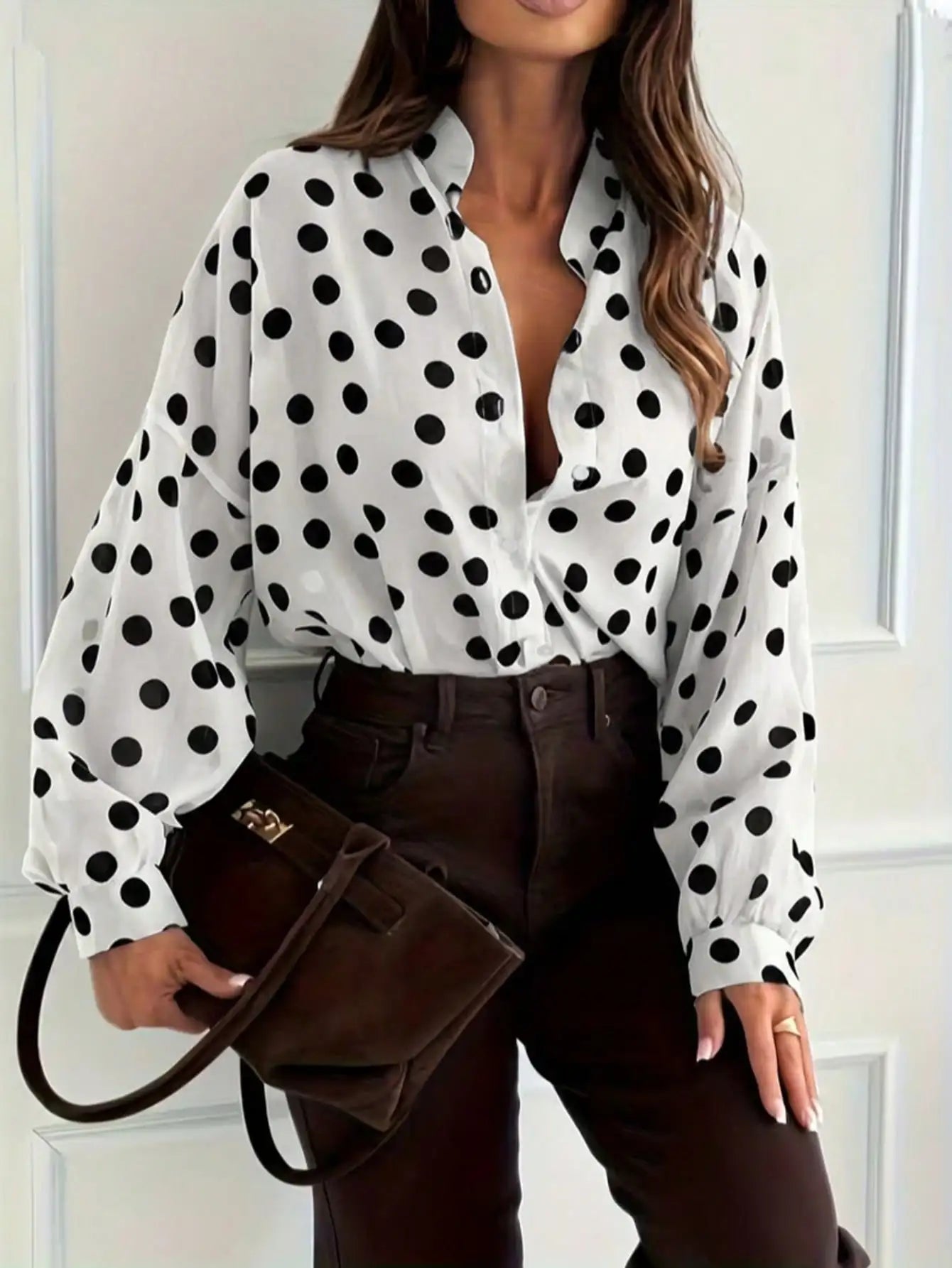 Polka Dot Blouse For Women Stand Collar Long Sleeve Shirt