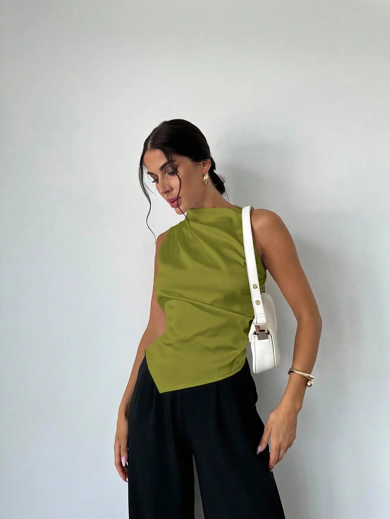 Elegant Satin Sleeveless Blouse With Pleated Collar Asymmetrical Hem