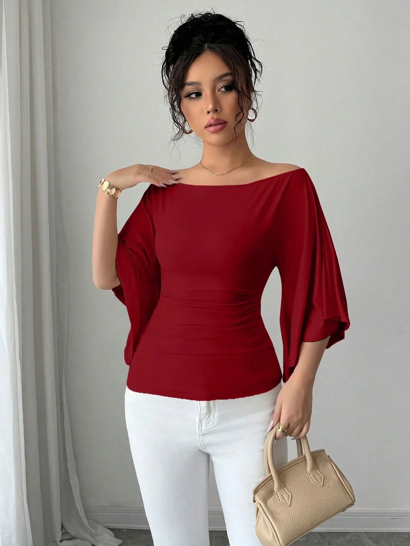 Women Solid Boat Neck Fitted Flare Sleeve Knit Top