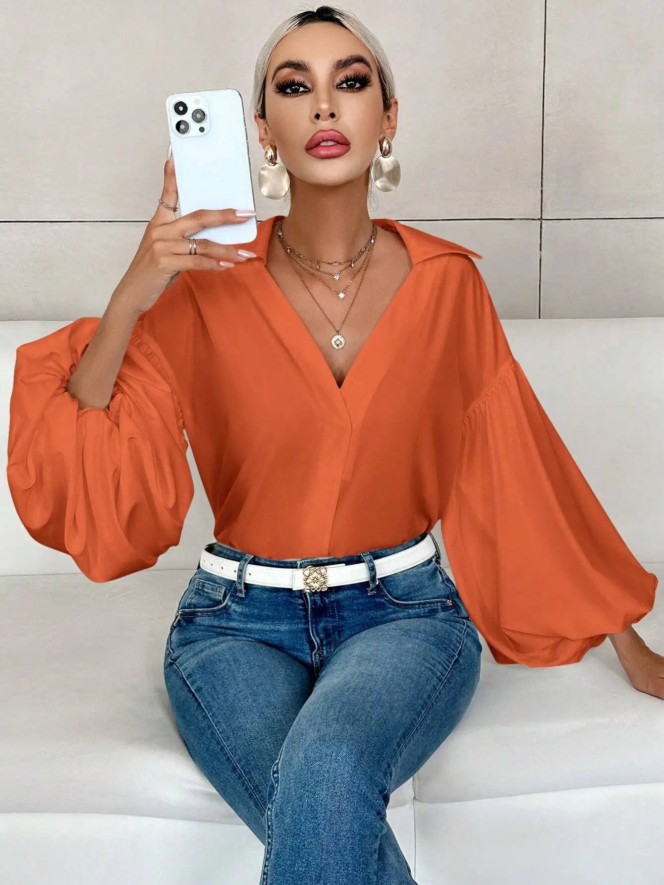 Women's V-Neck Lantern Sleeve Blouse For Office