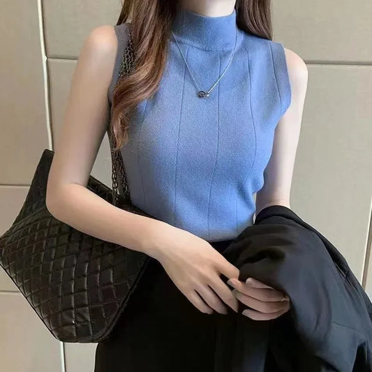 Korean Fashion Women Knit Sleeveless Blouse Solid Top