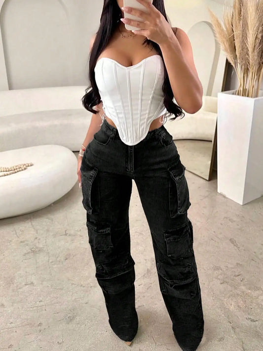 Women's Cargo Jeans High Waist Wide Leg With Flap Pockets