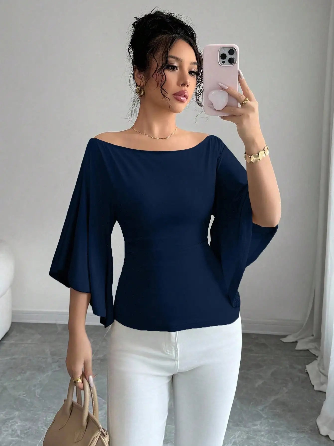 Women Solid Boat Neck Fitted Flare Sleeve Knit Top