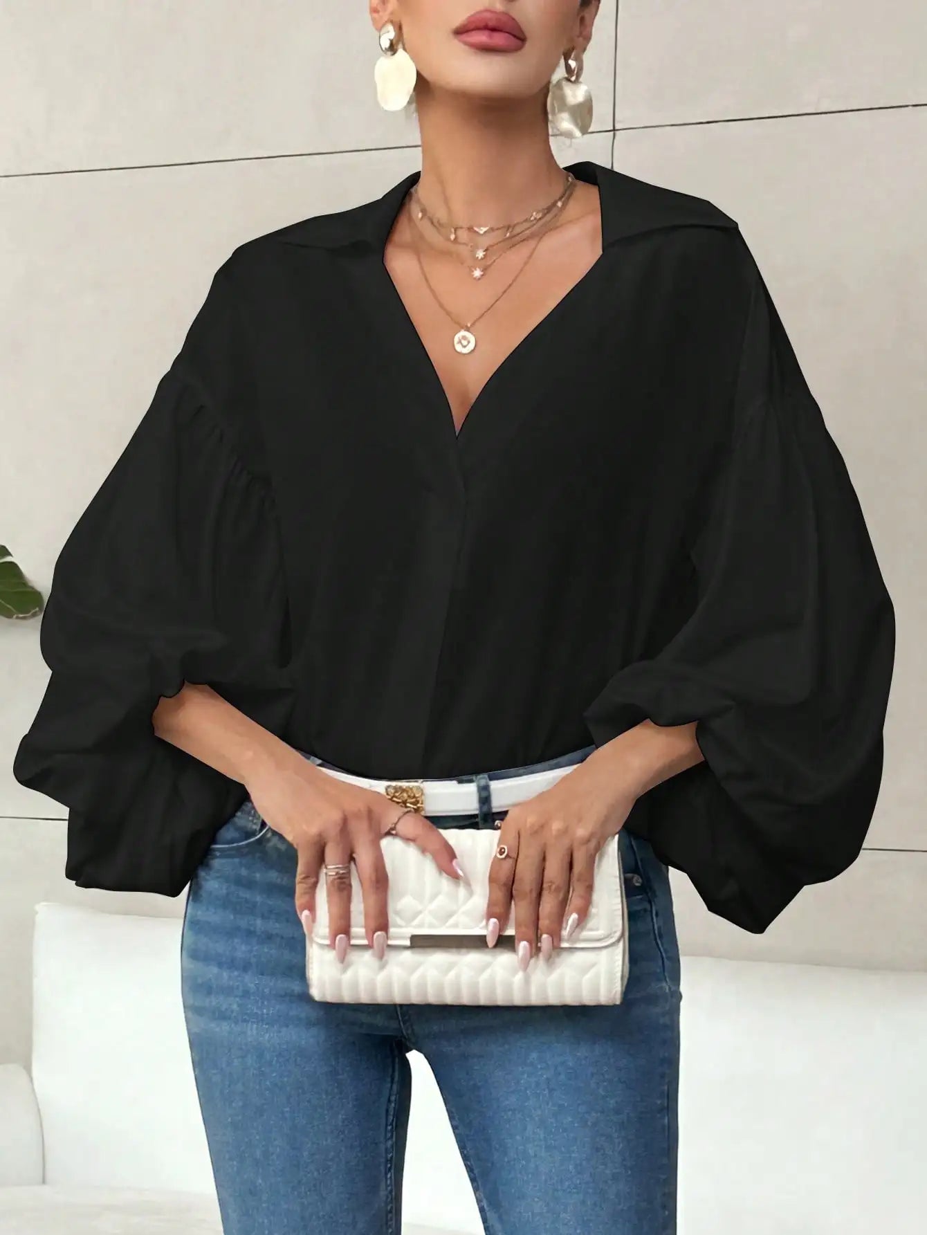Women's V-Neck Lantern Sleeve Blouse For Office