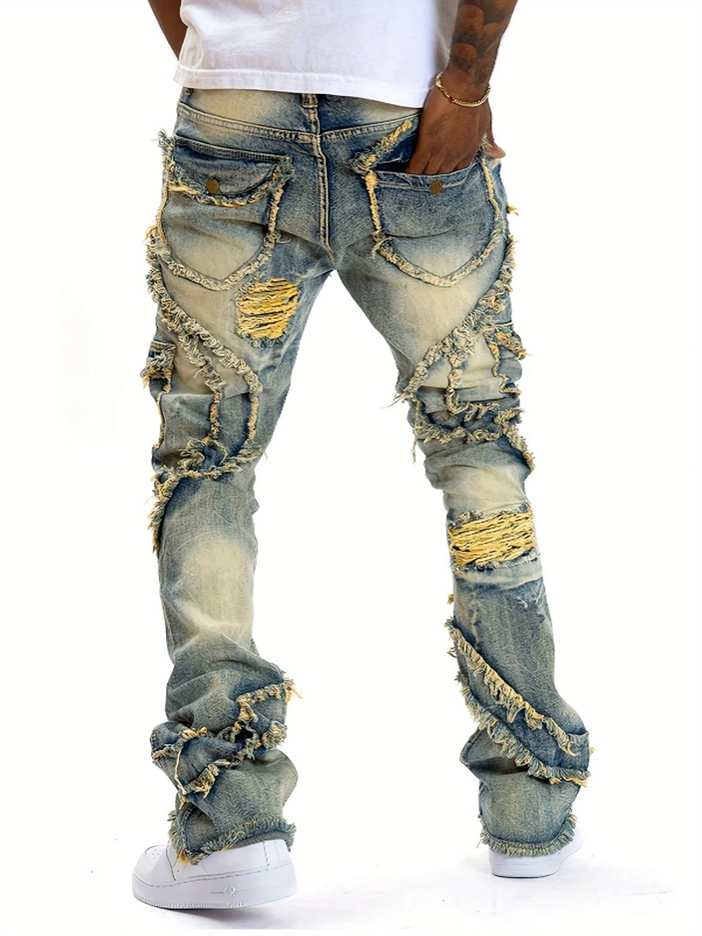 European and American Men's Ripped Stretch Jeans With Fringe