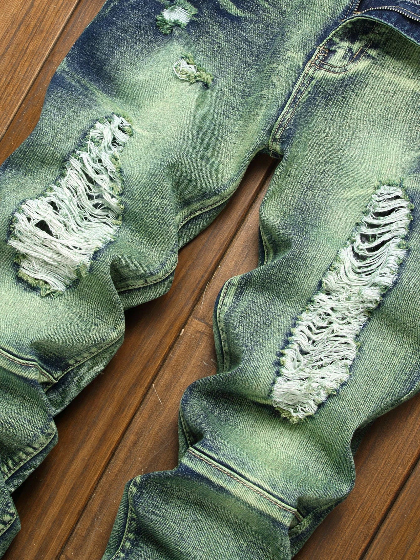 Mid Stretch Slim Fit Jeans For Men Distressed Tassels Denim