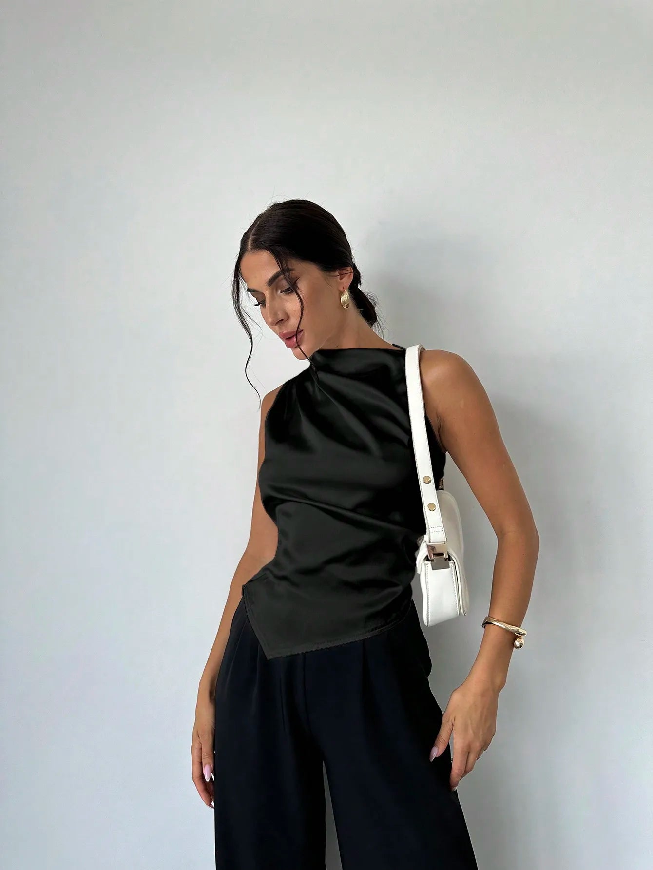 Elegant Satin Sleeveless Blouse With Pleated Collar Asymmetrical Hem