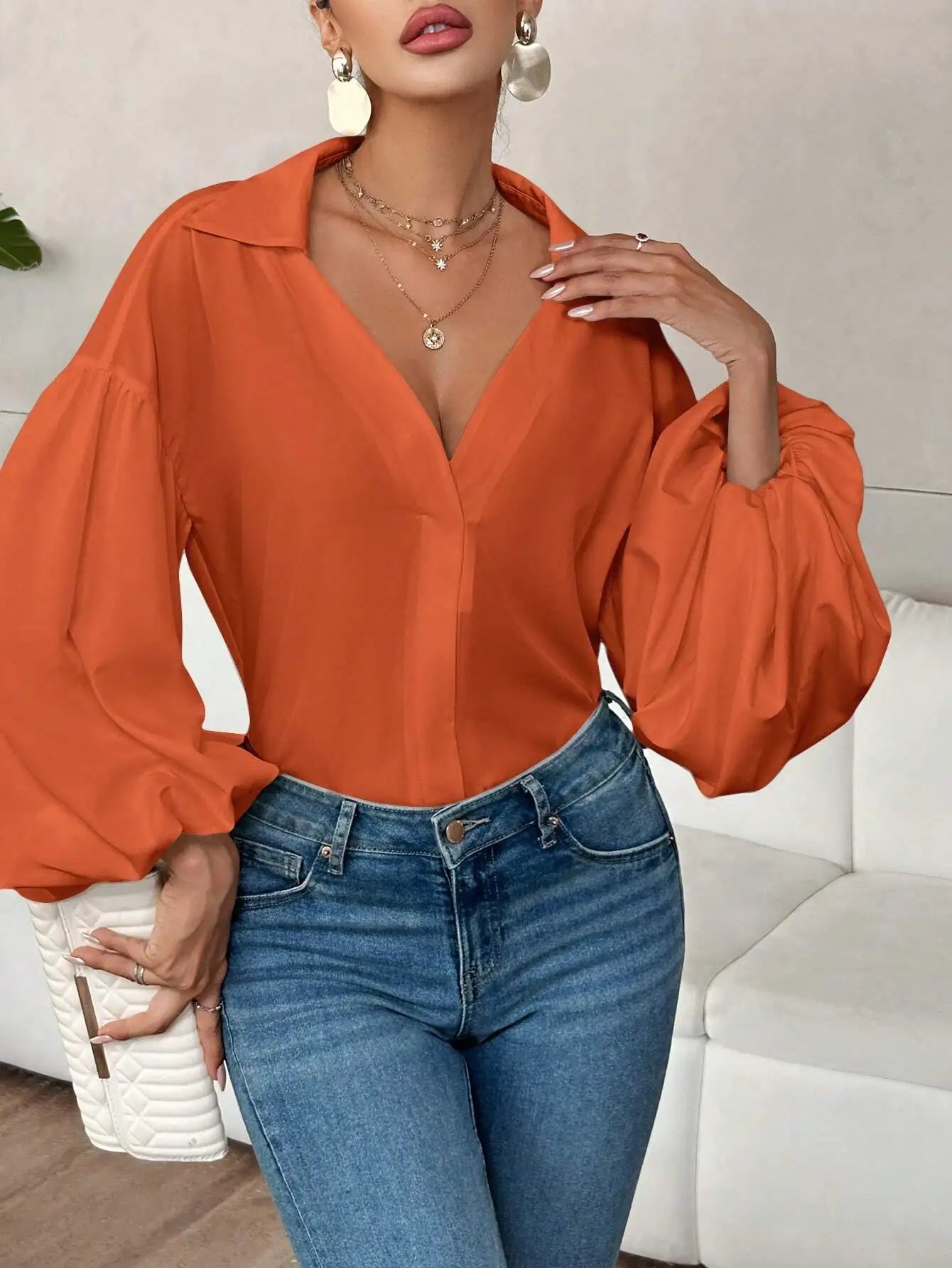 Women's V-Neck Lantern Sleeve Blouse For Office