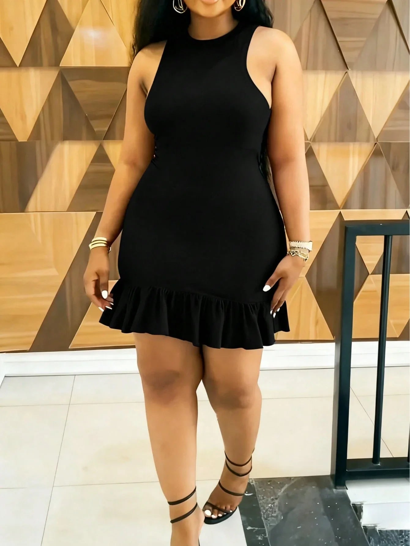 Ruffle Hem Sleeveless Fitted Dress For Women Round Neck