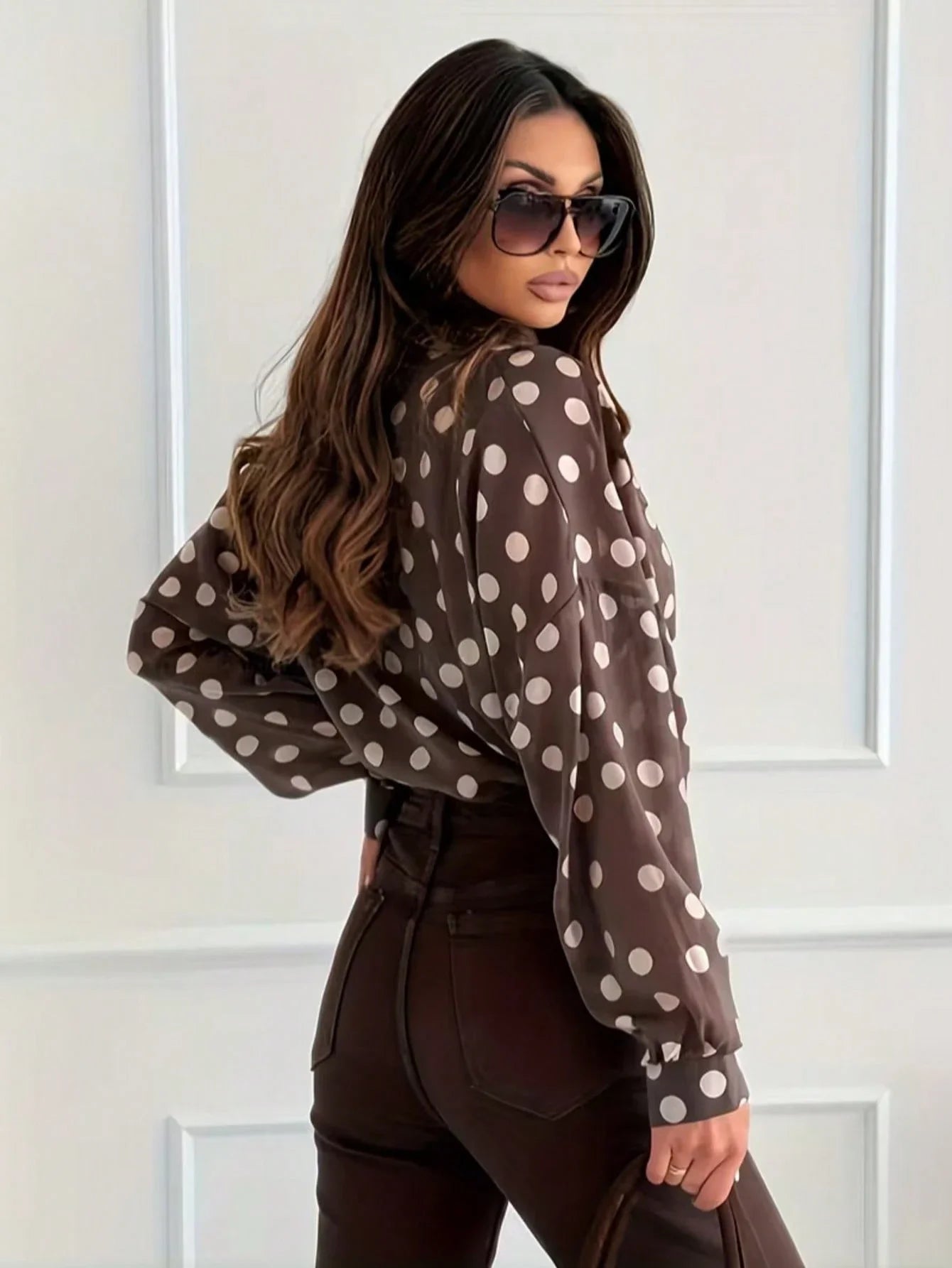 Polka Dot Blouse For Women Stand Collar Long Sleeve Shirt