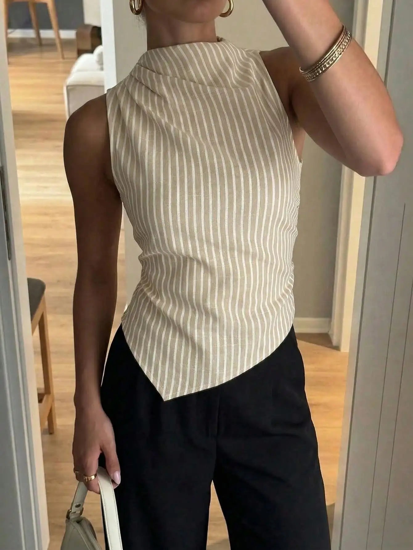 Elegant Satin Sleeveless Blouse With Pleated Collar Asymmetrical Hem